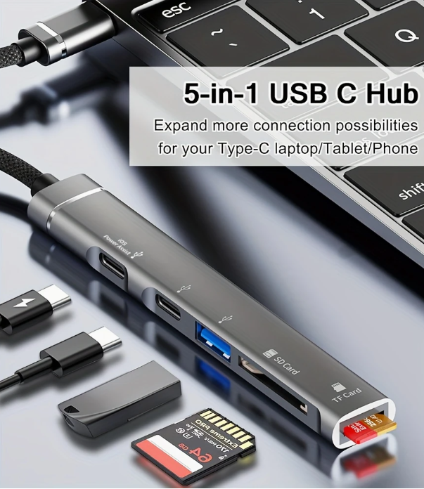 Adaptador multipuertos 5 en 1: de C a 2C_1USB_SD_MCROSD
