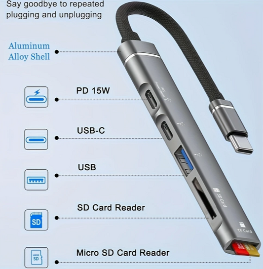 Adaptador multipuertos 5 en 1: de C a 2C_1USB_SD_MCROSD